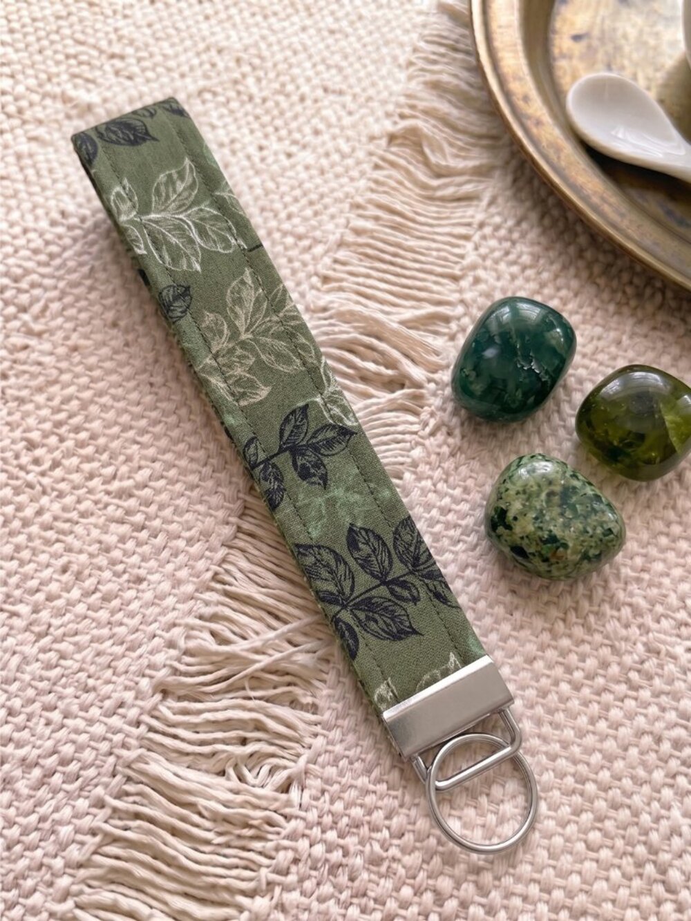 New Handmade Olive Green Botanical Leaf Print Fabric Key Fob Wristlet Keychain